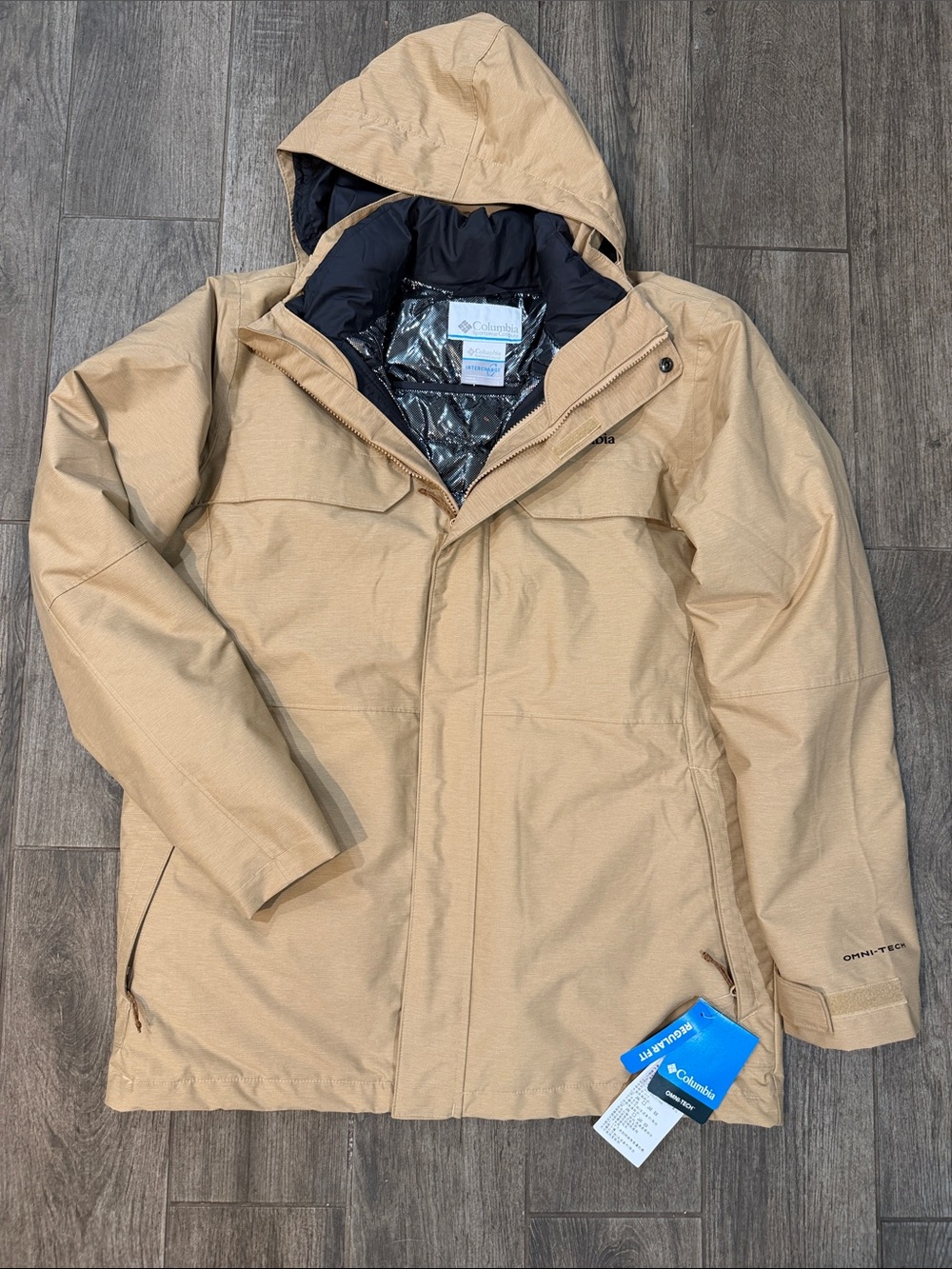 Columbia Omni-Tech Tan Hooded Waterproof Jacket full zip off windbreaker liner